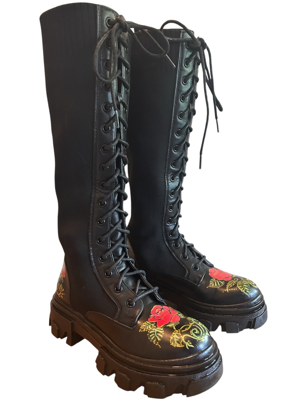 HANDPAINTED Wearable Art Black Knee-High Lace-Up Combat Boots - Lug Soles - 5.5